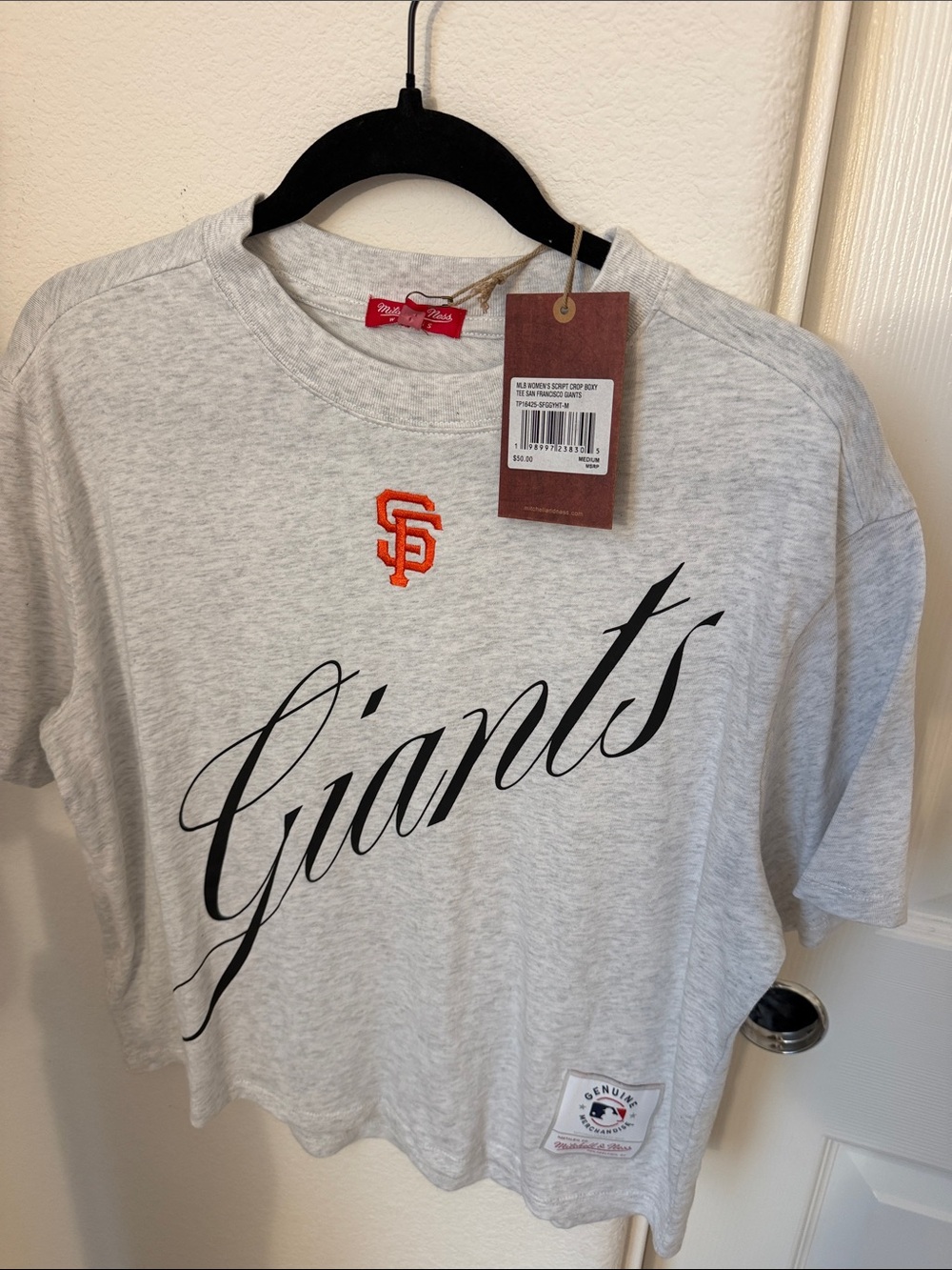 Mitchell & Ness Gray Giants Crop Tee with Orange SF Logo